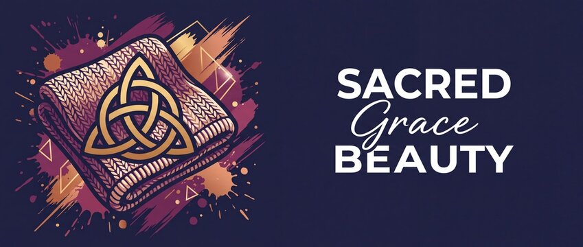 Celtic trinity knot sacred symbol on textured knit background banner. Abstract spiritual triquetra graphic with gold splatters, elegant typography, and pagan mystery theme for wellness banner.