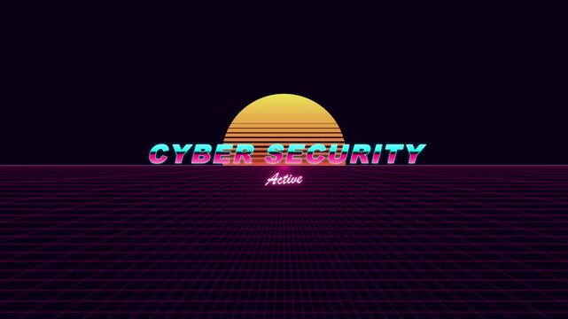 80s Retro Synthwave Wireframe Landscape with Cyber Security Active Text