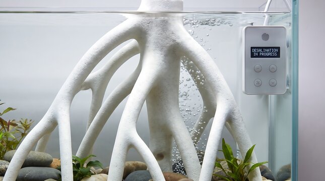 Modern fish tank interior featuring a 3D printed white root structure decoration and automated filtration system