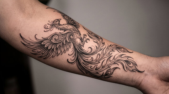 Ornamental Phoenix Tattoo Design Flowing Across a Human Forearm