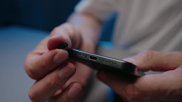 Cropped shot of unrecognizable person inserting dust plug into smartphone charging port for protection, preventing debris and damage, ensuring device longevity and proper connection, slow motion.