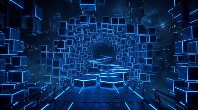 Blue neon cube tunnel