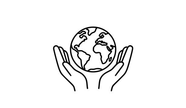 Create a modern black outline vector symbol featuring two human hands forming a protective bowl around a circular Earth. The hands should create a balanced curved silhouette beneath and beside the pla