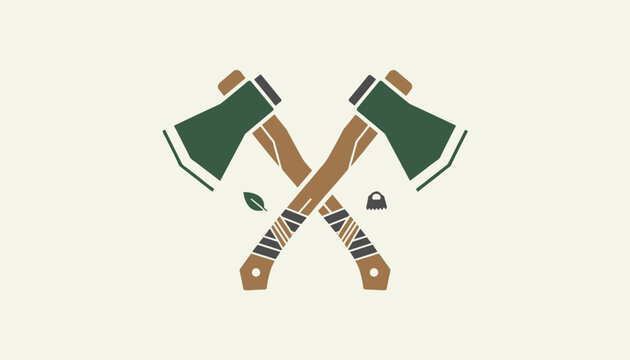 Two crossed lumberjack axes with green heads and wrapped handles represent forestry woodcutter work and mountain labor.
