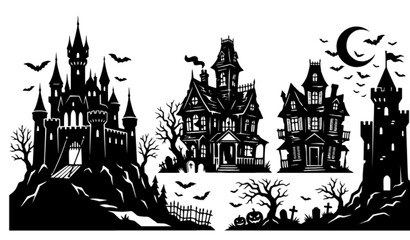 Fototapeta premium Spooky Halloween vector silhouette set featuring haunted houses creepy castles flying bats scary graveyard pumpkins and crescent moon isolated on white background