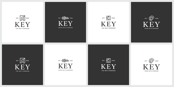 Eight elegant key logo icons in vintage style with text security minimalist