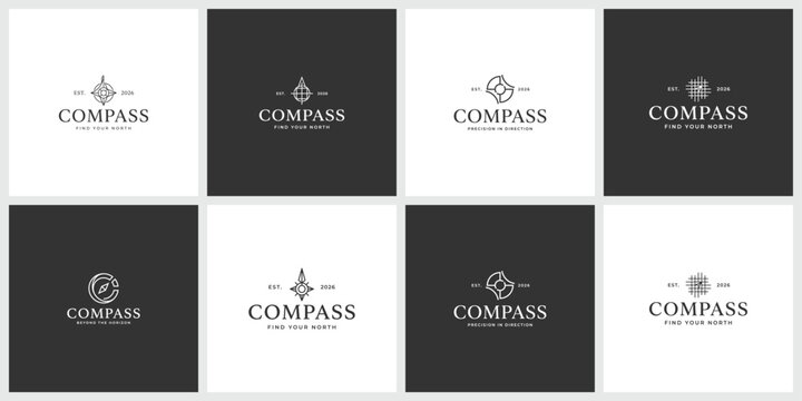 Set of eight vintage style compass logo templates for nautical branding