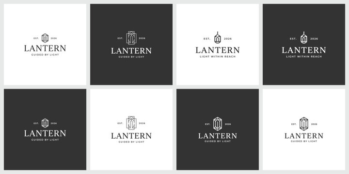 Set of eight vintage style lantern logo templates for outdoor branding