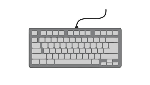 Gray computer keyboard with black connection wire is shown from above in simple vector illustration style.