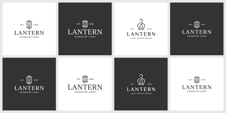 Set of eight vintage style lantern logo icons with typography