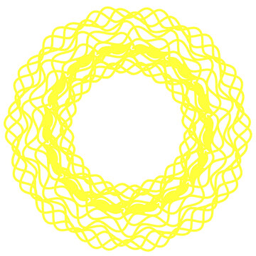 Yellow geometric rosette made of intersecting lines. Abstract circular vector frame with mesh pattern