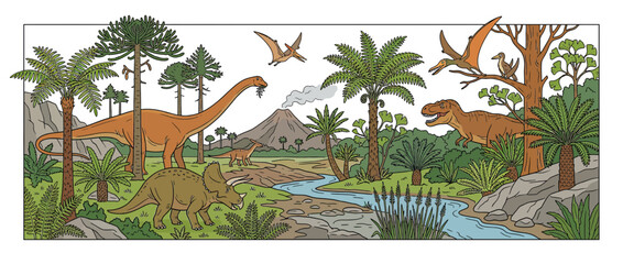 Cartoon prehistoric landscape with diverse dinosaurs and flora © cokroa