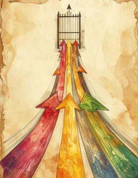 Column of colourful arrows moving upward and jamming at narrow gate near top generative AI