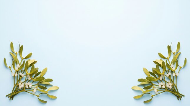 Fresh mistletoe branches for Christmas decorations and holiday framing, green spray with white berries and winter twigs on a light blue minimal background with copy space