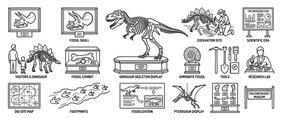 Dinosaur Museum Exhibit and Paleontology Icons © cokroa