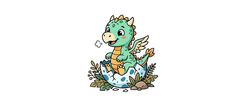 Cute baby dragon hatching from egg, fantasy creature art