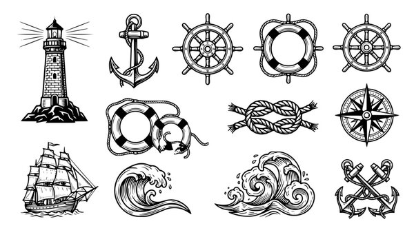 Classic Nautical Badge Element Collection with Anchor, Lighthouse, Ship Wheel, Lifebuoy and Rope Knot Maritime Vector Artwork