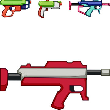 Stylized colorful water guns and laser blasters in a playful collection for summer fun and imaginative battles, cartoon vector set on white background, bright plastic toys