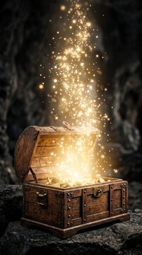 Wooden treasure chest opening vertically with magical golden sparkles pouring out