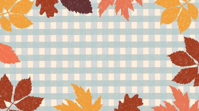 Autumn background animation, horizontal video loop with foliage frame and checkered pattern. Animated falling leaves background for Thanksgiving, seasonal promo or video overlay.