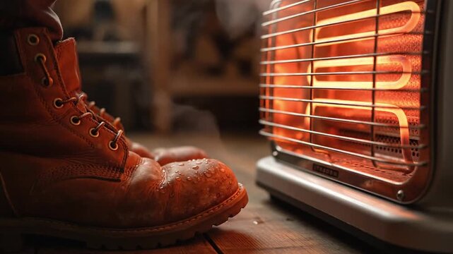 Mud stained boots warm beside electric heater while moisture evaporates from leather. Orange coils glow through metal bars, creating quiet indoor moment with steam and heat around wet leather.
