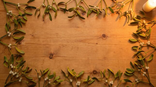 Rustic mistletoe frame on wooden background, festive Christmas border with green leaves and white berries, seasonal holiday copy space