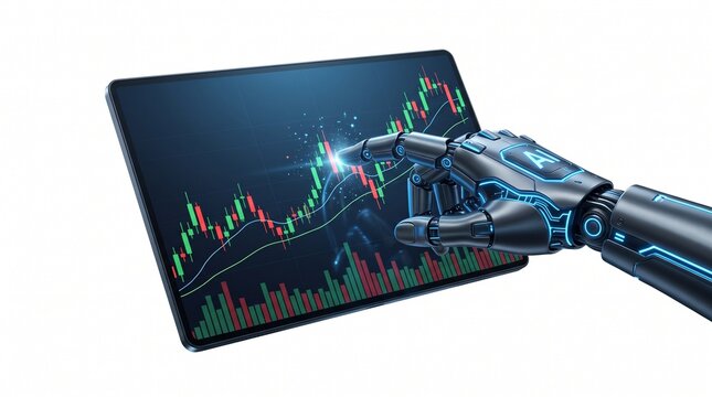 AI Trading Robot Analyzing Stock Market Chart on Tablet Screen