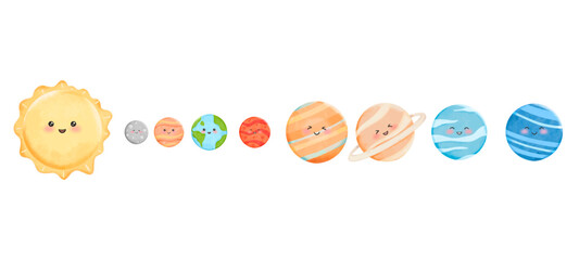 Cute Solar System Planet Watercolor Illustration with Smiling Sun and Colorful Planets in Orbit © Putra