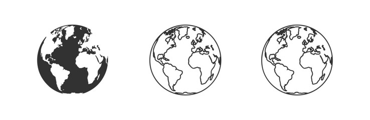 Obraz premium Three stylized globe icons representing planet earth with different continental views and styles