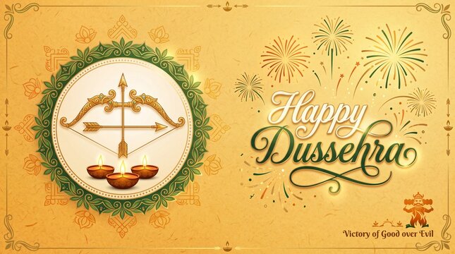 Happy dussehra festival bow and arrow with fireworks isolated on yellow background