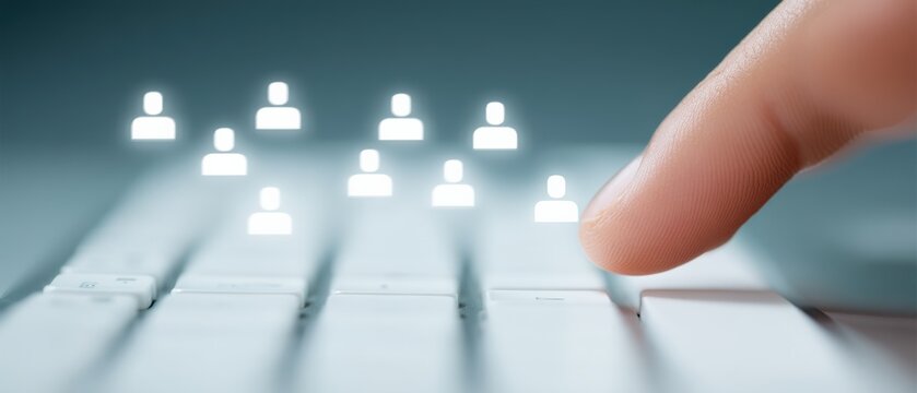 Digital interaction close up of a finger pressing a keyboard key with abstract user icons representing online connectivity and networking