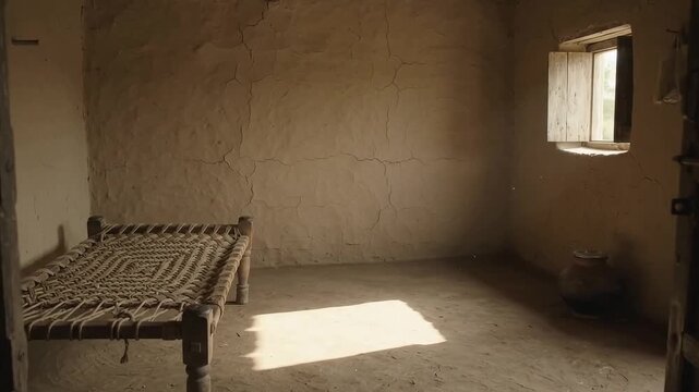 Sunlight streams into traditional mud house room with woven charpai
