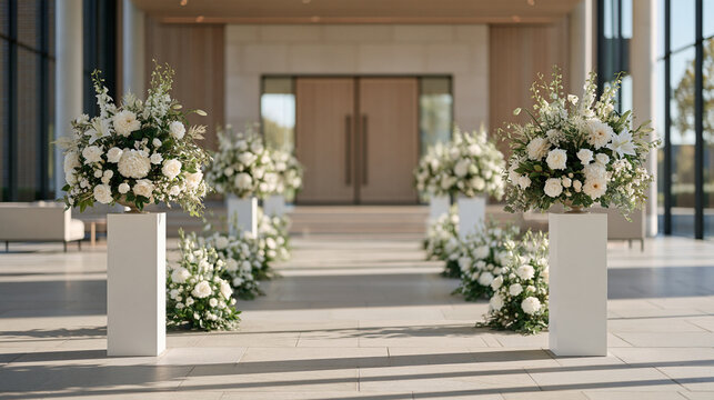 Wide view of a modern crematorium foyer with minimalist white floral tributes on pedestals lining a polished stone walkway leading to double doors, contemporary funeral design,