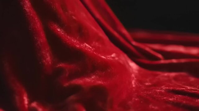 Red velvet fabric moves gently in close up on dark background capturing rich texture, softness and color