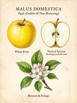 Opal Golden Non Browning Apple Variety Botanical Illustration Cluster On Aged Paper