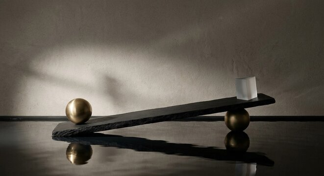 Minimalist geometric balance concept with stone slab and gold sphere