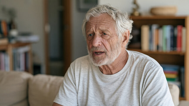 Close up of an elderly man's expression mid sentence, mouth open, eyes suddenly blank as he loses the thought entirely, Alzheimer's word loss moment, senior communication failure,