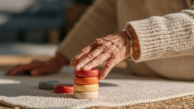 An elderly Scottish woman with papery soft skin methodically exercising finger flexion using a graduated resistance squeeze set on a home therapy mat, arthritis pain relief, hand