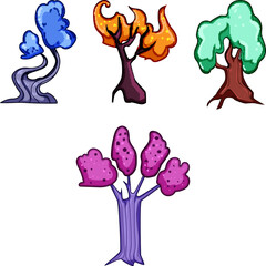 Fototapeta premium Four enchanted trees with colorful foliage and whimsical designs offer creative elements for game assets, storybooks, or animated projects, inspiring imagination