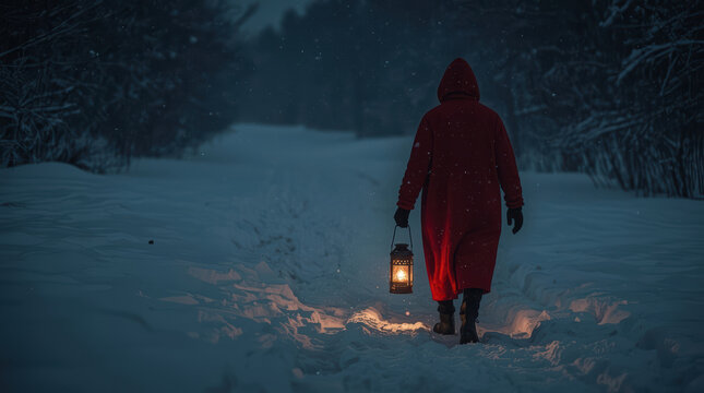 Red hooded figure carrying lantern along snowy forest path during quiet winter night, creating mysterious and peaceful holiday atmosphere with glowing light and deep blue shadows