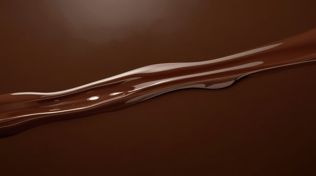 Melted chocolate with glossy texture flowing across dark brown surface, creating indulgent abstract background with rich warmth and smooth liquid movement