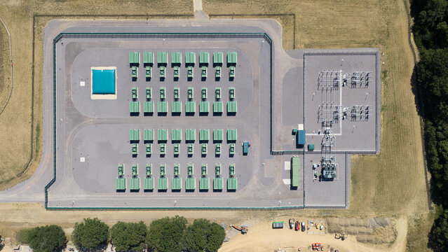 Aerial view of battery energy storage system and substation