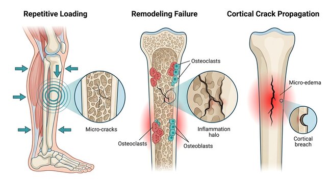 Three-stage medical illustration showing repetitive loading causing micro-cracks, remodeling failure with osteoclasts and osteoblasts, and cortical crack propagation with micro-edema.