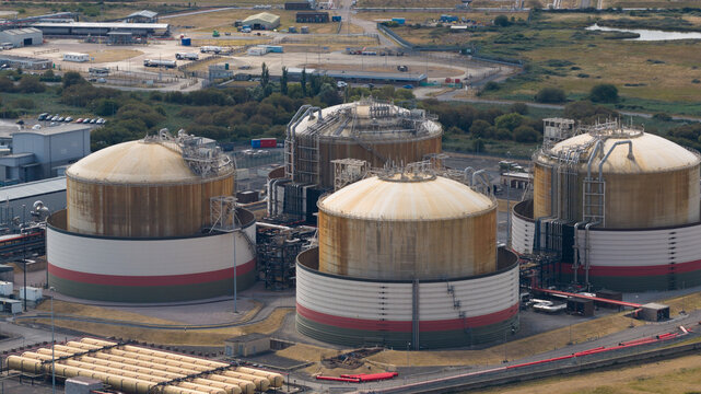 Aerial view of Grain LNG Terminal gas storage tanks