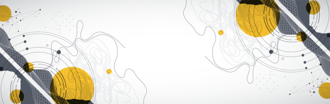 Abstract digital landscape with wireframe terrain, geometric circles, and plexus art. Vector
