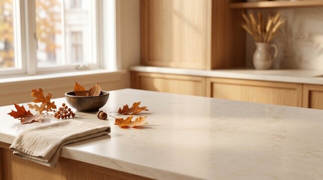 Kitchen island countertop with autumn leaves decor and copy space in a bright home interior.