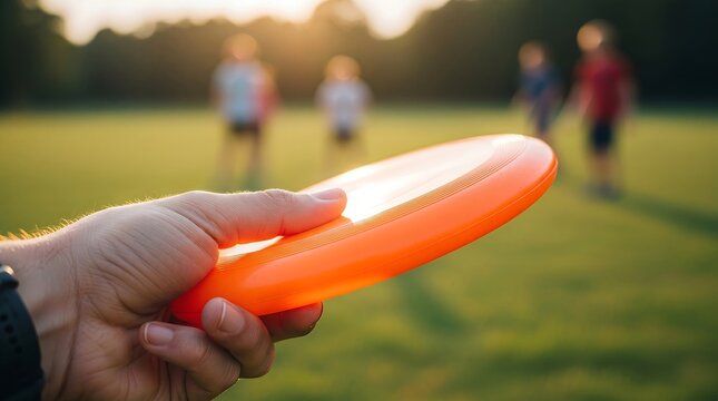 Orange Flying Disc Frisbee in Hand at Sunny Green Park, Outdoor Recreation and Leisure Activity, Family Fun, Sports Game, Summer Playground and Active Lifestyle
