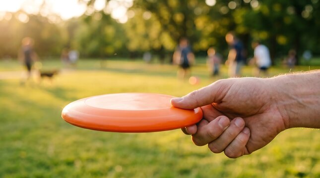 Person holding an orange plastic frisbee outdoors in a grassy park with flying disc sunny day park life active lifestyle playing catch golden hour activity