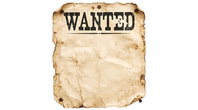 Blank Vintage Wanted Poster Template on Weathered Parchment Paper Isolated on Transparent Background