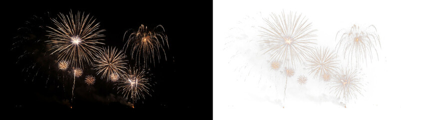 Obraz premium Stunning golden fireworks display in the night sky, festive celebration with multiple bright pyrotechnic bursts and light trails for new year or independence day events isolated on transparent backgro